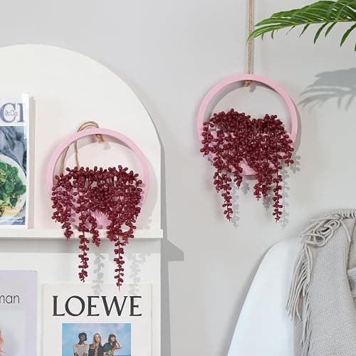 Floweroyal 2pcs Artificial Succulents Hanging Plants 12.2'' Fake String of Pearls in Pot with 8.3'' Lanyard for Indoor Outdoor Wall Decor (Pink). thumbnail 7