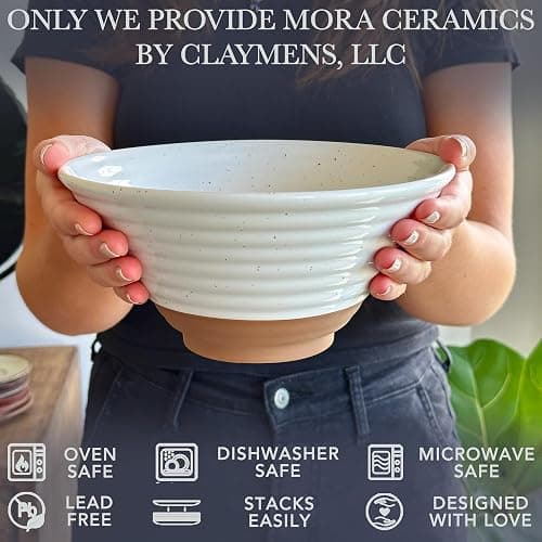Mora Ceramic Ramen Bowl Set of 2, 45oz - Great for Pho, Miso Udon Soup, Instant Noodles, Serving, Thai or Asian Food - Microwave Safe Large Japanese Noodle Bowls, Modern Kitchen - Vanilla White thumbnail 4