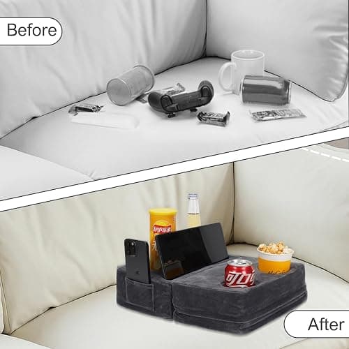 Couch Cup Holder Tray Pillow, Large Sofa Organizer Caddy with 6 Holes and Side Pocket Bed Refreshment Tray for iPad, Drinks, Remotes, Phones, Snacks, Removable & Washable (Grey) thumbnail 8