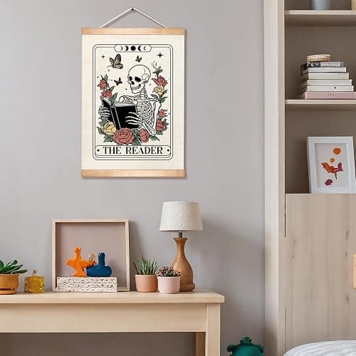 HEYJEEPER The Reader Tarot Card Wall Art, 14x18inch Gothic Skeleton Reading Books, Canvas Wall Hanging Poster,Library, Reading Corner Decor,Vintage Witchy Room Decor (Reader) thumbnail 3