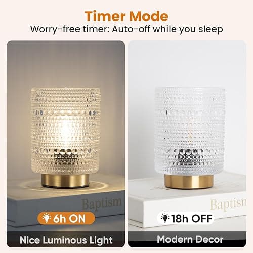 Battery Operated Lamp with Timer, Cordless Table Lamps with LED Warm Bulb | Small Lamp for Bedside, Wireless Lamp for Entryway/Dorm/Office/Patio/Living Room Decor, 2AAA Battery-powered, Transparent thumbnail 3
