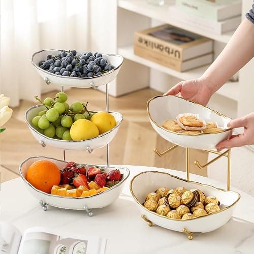 HOMKULA Ceramic Fruit Bowl for Kitchen Counter - 3 Tier Fruit Basket with Metal Stand, Tiered Fruit Stand for Countertop, Snack, Nuts, Cake, Dessert, Small & Cute (Gold-rimmed) thumbnail 2