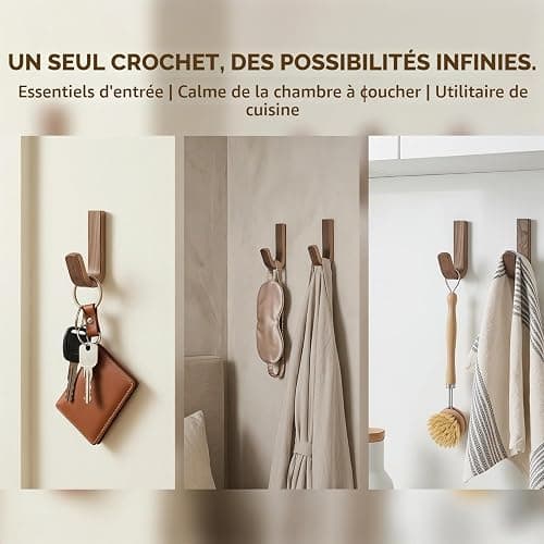 Lot de 6 Patères en J Couleur Noyer, pour Salle de Bain, Chambre, Entrée | Crochets Autocollants en Bois de Noyer Type J, Surface Polie, Wall Mount Walnut Wooden Hooks for Hanging, Patère Bois Murale thumbnail 7