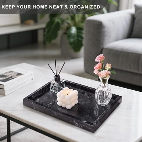 Homaura Marble Bathroom Tray for Countertop & Home Decor, Natural Decorative Marble Tray for Jewelry & Perfume Organizer, Luxury Stone Vanity Trays for Dresser, Kitchen Counter, 12" x 8", Gray Black thumbnail 6