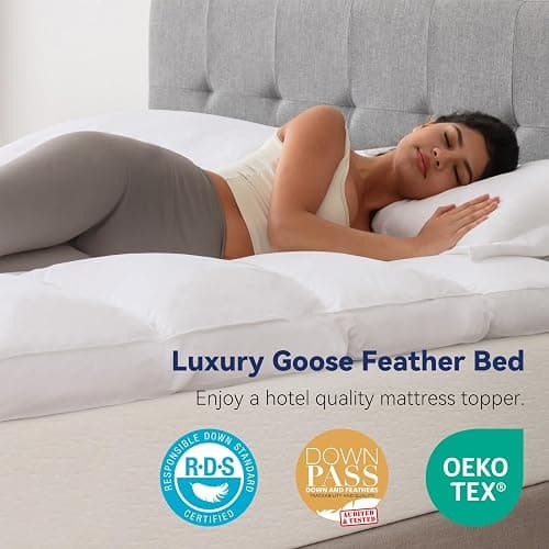 LeWinBedding 3 Inch White Goose Feather Mattress Topper,Twin Feather Bed Topper,Mattress Cover with Straps,Ultra Soft Pillowtop,100% Cotton Fabric(39”x75”) thumbnail 5