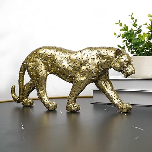 Polyroyal Cheetah Statue Home Decor Leopard Sculpture Resin Sitting Cheetah Figurine Desktop Table Top Ornament Decoration for Home Office-Gold Or Silver (Walking-Champagne Gold) thumbnail 6