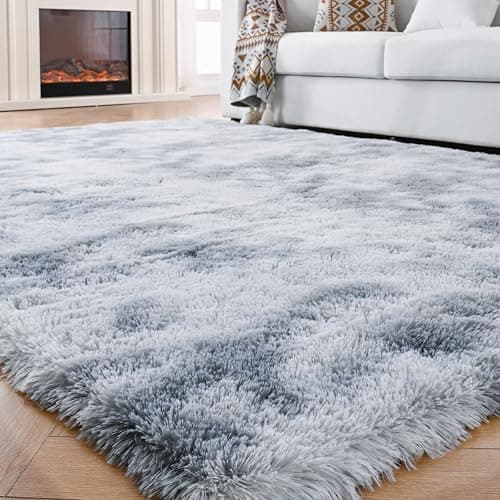 Fluffyrug 5x7 Bedroom Rugs: Shag Rug for Bedroom - Area Rug 5x7 Grey Plush Fuzzy Soft Carpet (Tie-Dyed Light Gray, 5x7 Feet) thumbnail 3