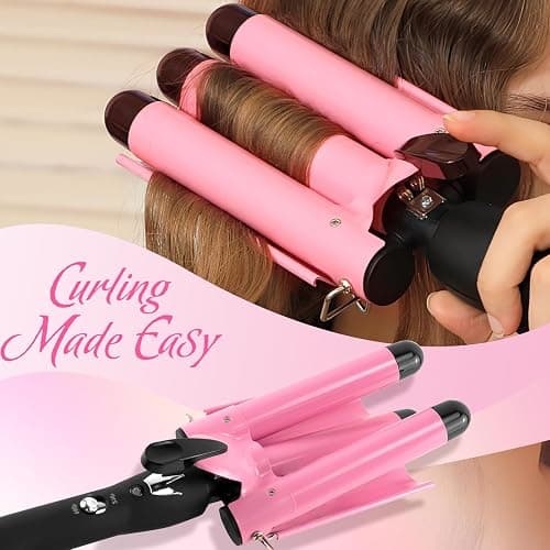 3 Barrel Curling Iron Hair Crimper: Birthday Gifts for Women - Dual Voltage Adjustable Temperature Three Barrels Hair Waver - 1 Inch Ceramic Curler Wand (Pink) thumbnail 2