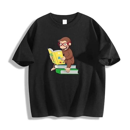 Curious Monkey George Loves Reading Teen T-Shirt, Short Sleeve Kids Tees - Image 1