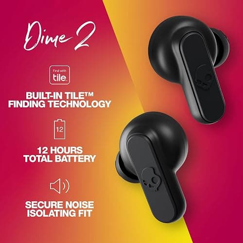 Skullcandy Dime 2 Wireless Earbuds, Bluetooth Headphones, Noise Isolating Fit, Up to 12 Hours Battery, Microphone for iPhone Android, Easy Carry with Integrated Lanyard - True Black thumbnail 2