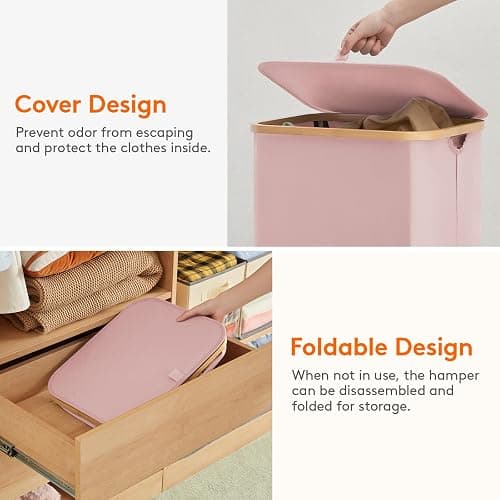 Lifewit 100L Laundry Basket with Lid, Clothes Hampers for Laundry with Bamboo Handles and A Removable Laundry Bag, Large Foldable Laundry Hamper for Bedroom, Bathroom, Dorm, Laundry Room, Pink - Pink - 100L thumbnail 7