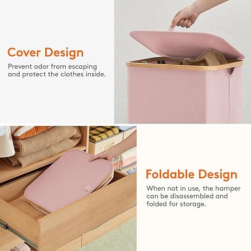 Lifewit 100L Laundry Basket with Lid, Clothes Hampers for Laundry with Bamboo Handles and A Removable Laundry Bag, Large Foldable Laundry Hamper for Bedroom, Bathroom, Dorm, Laundry Room, Pink - Pink - 100L thumbnail 7