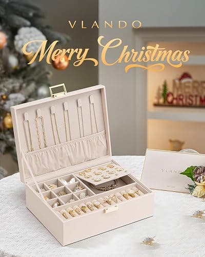 Vlando Jewelry Box for Women, Gift for Women Girls,2 Layer Jewelry Box,Large Jewelry Organizer for Women Removable Jewelery Tray for Necklace Earrings Rings(Cream White) thumbnail 3