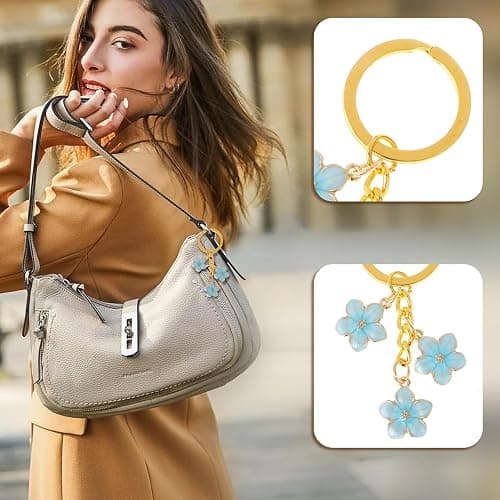 KALIONE 3 pcs flower keyring, key chain for women Bag Pendant Key Ring for Women Cute Bag Charms Decoration Pendant bag accessories (Pink, White, Blue) thumbnail 3