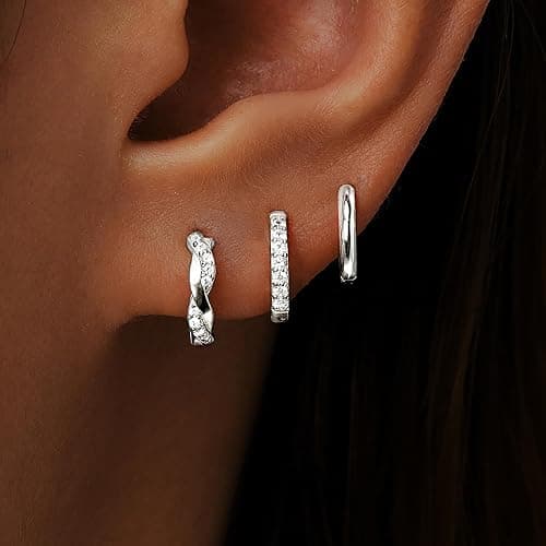 Inerney Gold Huggie Hoop Earrings Set for Women, Dainty Small Sterling Silver Earring Stacks Hypoallergenic Jewelry for Multiple Piercings, Trendy Twisted Cute Cartilage Hoops Birthstone Gift 3 Pairs thumbnail 2