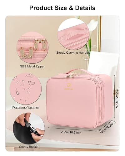 Relavel Makeup Bag with LED Mirror, Small Travel Makeup Case with Rechargeable Lighted Mirror 3 Color Lights, Double Layer Cosmetic Box Makeup Brush Lipstick Holder Organizer for Women, Pink thumbnail 2