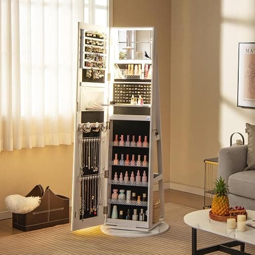 LOKO 360° Swivel Jewelry Cabinet with 3-color LED Lights, Lockable Jewelry Armoire Organizer with Full-Length Mirror, Makeup Mirror & Foldable Makeup Shelf, for Girl Women, Gift (White) thumbnail 2