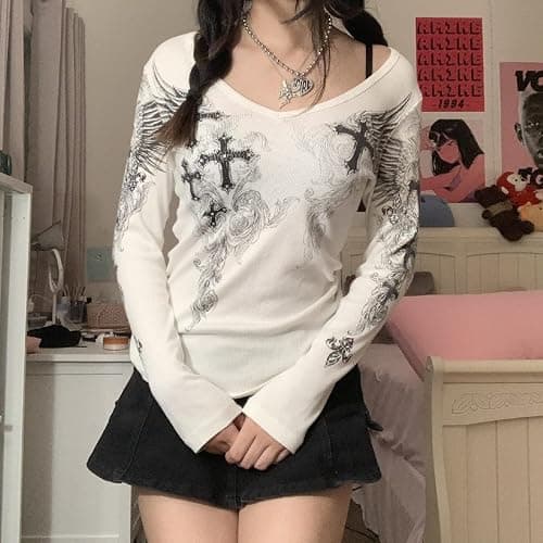 Grunge Clothes for Women Y2K Tops Long Sleeve Fairy Grunge Aesthetic Shirts Teen Girls Vintage Graphic Tees Fall thumbnail 2