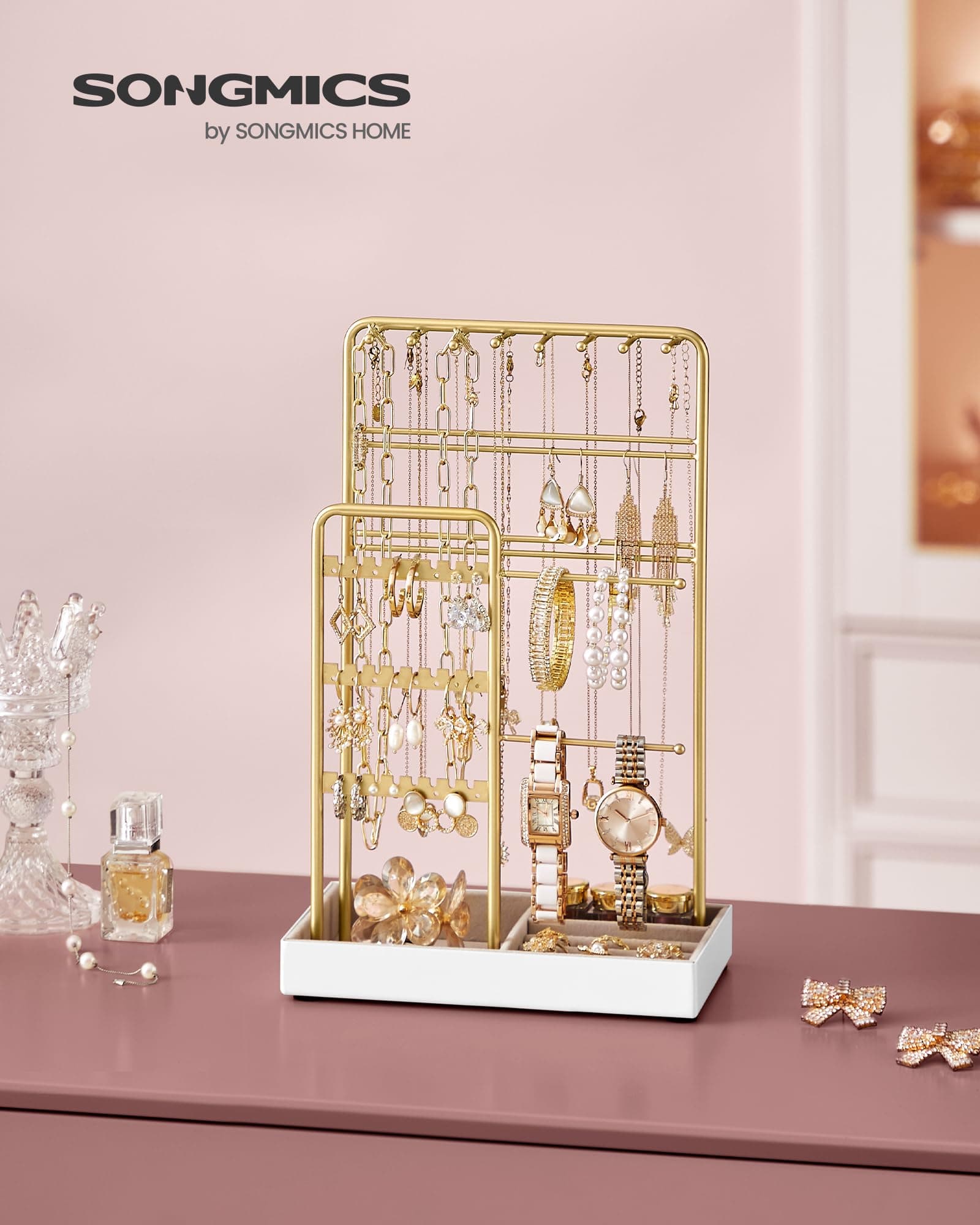 SONGMICS Sieradenstandaard, Sieradenhouder, Metalen frame, Fluwelen sieradenlade, Sieradenopslag voor kettingen, armbanden, oorbellen, oorbellen, ringen, cadeau-idee, Kerstmis thumbnail 2