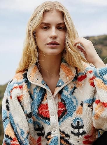Kumufenc Printed Sherpa Jacket for Women Long Sleeve Button Down Fuzzy Fleece Coat Y2K Outerwear with Pockets thumbnail 4
