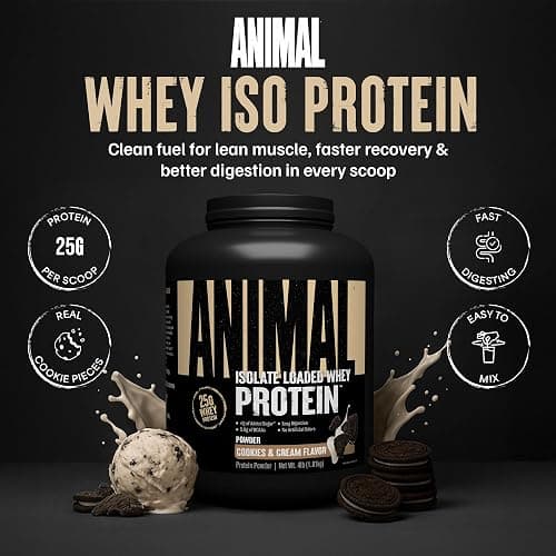 Animal Whey Isolate Protein Powder - Loaded for Pre & Post Workout Muscle Builder and Recovery with Digestive Enzymes for Men & Women - 25g Protein, Great Taste, Low Sugar - Cookies & Cream 4 lbs thumbnail 2