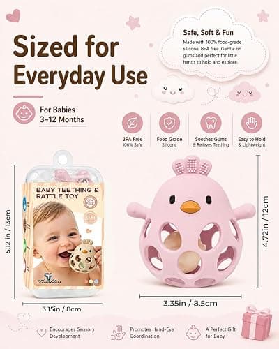 Tinabless Baby Teether Rattle Toys, 2-in-1 Easy Grip Silicone Teething for Babies 3-12 Months, BPA-Free Sensory Chew Toy for Sore Gums, Infant Gift (Pink w/Rattle) thumbnail 7