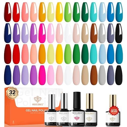 modelones 32 PCS Gel Nail Polish Set, 28 Colors Red Nude Green Blue Gel Polish with No Wipe Base Coat, Glitter & Glossy & Matte Top Coat Soak Off LED Nail Art Kit Salon at Home - Image 1