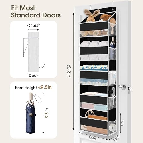 SpaceHacks 1 Pack Over The Door Organizer, Hanging Storage Organizer with Clear Window, 40lb Ultra Sturdy Large Capacity Room Organizer for Pantry Laundry Bathroom Nursery Closet (Black) thumbnail 2