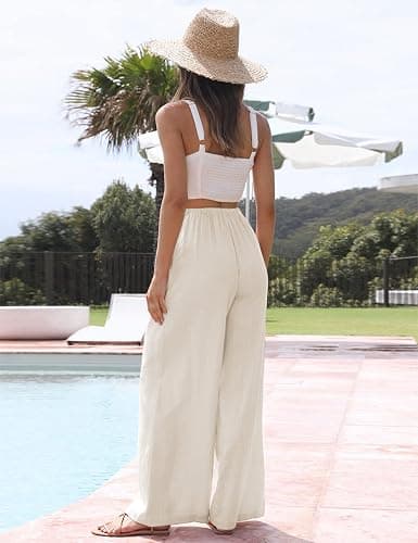 Faleave Women's Cotton Linen Summer Palazzo Pants Flowy Wide Leg Beach Trousers with Pockets - Small - Apricot thumbnail 3