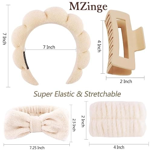 5 Pcs Spa Headbands for Wash Face, Makeup Headband, Facial Skincare Headbands, Puffy Sponge Spa Headband Bow Tie Hair Band Hair Clips Wristband Set Women Girls (khaki) thumbnail 2