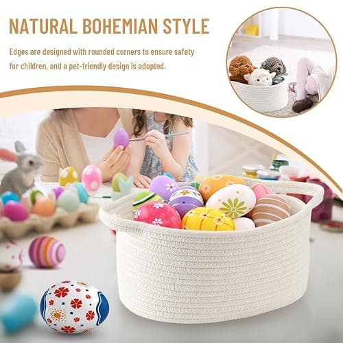 Calkkrer Weiß Geflochtener Baumwollseil-Korb mit Griff, Leerer Geschenkkorb, Praktischer Aufbewahrungskorb für Baby-Spielzeug, Dekorativer Organizer für Kinderzimmer thumbnail 5