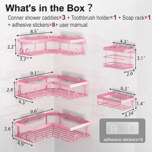 Liuoud Corner Shower Caddy 5 Pack, Rustproof Stainless Steel Shower Organizer with Soap Rack Toothbrush Holder, Large Capacity Adhesive No Drilling Bathroom Kitchen&Home Decor Set, Pink thumbnail 2