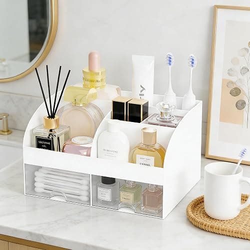 Makeup Organizer with 2 Drawers, Cosmetic Storage for Dresser Vanity and Bathroom Countertop,Make up organization and Skincare Storage with Beauty Brush Holder, Cosmetic Display Case (White) thumbnail 4