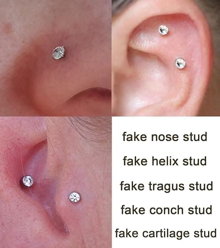 MODRSA Fake Nose Stud Fake Nose Ring Stud Fake Nose Piercing Fake Lip Ring Fake Earrings Stud Silver Gold Fake Cartilage Helix Earring Clip on Earring Hoop Fake Eyebrow Ring Fake Bridge Piercing - B4-fake stud 3/4/5mm - silver thumbnail 3