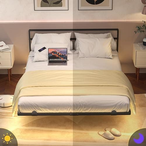 Full Floating Bed Frame with Headboard, Modern Platform Bed Frame with LED Lights and USB Charging Station, Sturdy Metal Bed Frame for Adults, No Box Spring Needed, Easy Assembly, Noise Free Design thumbnail 7