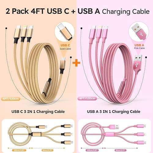 USB A + USB C Multi Charging Cable 4ft 2Pack 3 in 1 Charger Cord, Multiple Nylon Braided Cable USB Charging Cable Multi Phone Charger Cord with Type C Micro Lightning USB Connectors for Cell Phones thumbnail 2