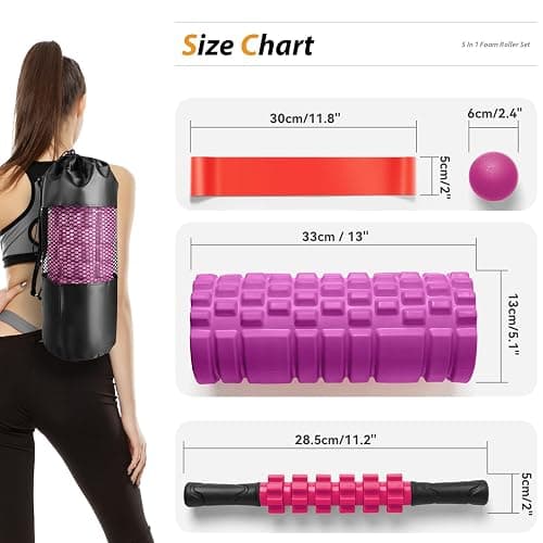5 in 1 Foam Roller Set for Deep Tissue Muscle Massage, High Density Fitness Exercise Foam Roller, Massage Roller, Massage Ball, Resistance Band, for Whole Body (Pink-Black) thumbnail 7