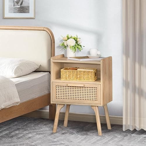 Lerliuo Rattan Nightstand, Boho Side Table with Drawer Open Shelf | Cane Accent Bedside End Table with Solid Wood Legs for Bedroom, Dorm and Small Spaces (Natural) thumbnail 8