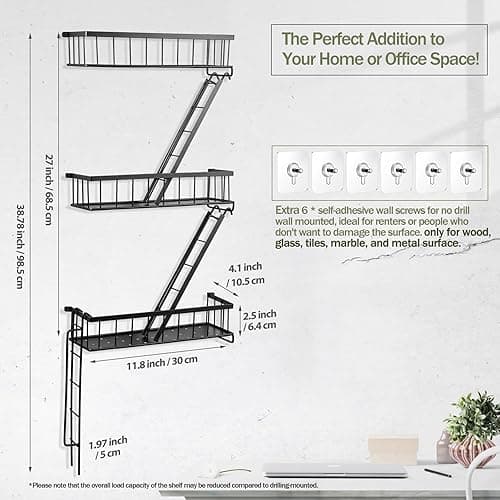 SweetSage Fire Escape Wall Shelf - New York Decorative Ladder Shelf, Wall Art Floating Shelf Black Metal Shelves for Bedroom, Home Office Storage and Display (3-Tier) - Black thumbnail 2
