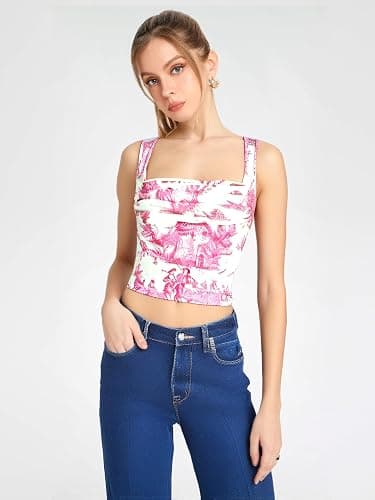 CIDER Women Square Neck Tank Tops Sleeveless Ruched Floral Cute Going Out Summer Trendy Crop Top thumbnail 3
