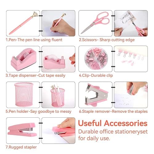 Pink Desk Accessories, Pink Office Supplies Set with Stapler, Tape Dispenser, Staple Remover, Pen Holder, Scissor, Binder/Paper Clips, Ballpoint Pen, Clear Tape and 1000pcs Staples thumbnail 4