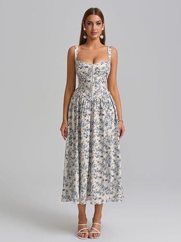 KUTUMAI Floral Corset Midi Dress Flowy Slit Summer Spring Wedding Guest Dresses for Women Sundress with Pockets thumbnail 4
