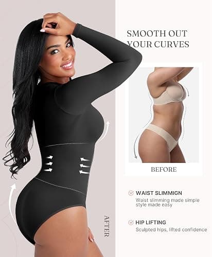 FeelinGirl Shapewear Bodysuit Compression Body Suits Women's Bodysuits High Neck Long Sleeve Plus Size Body Suit Body Shaper thumbnail 3