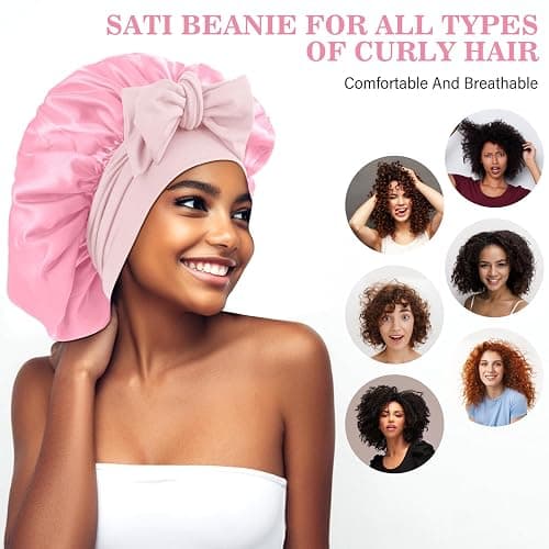 Abeillo Silk Sleep Bonnets for Women, 1PC Adjustable Satin Night Sleeping Cap Soft Elastic Band Silk Bonnets for Sleeping, Hair Bonnet with Tie Band for Curly Hair Braid Women (Pink) thumbnail 7