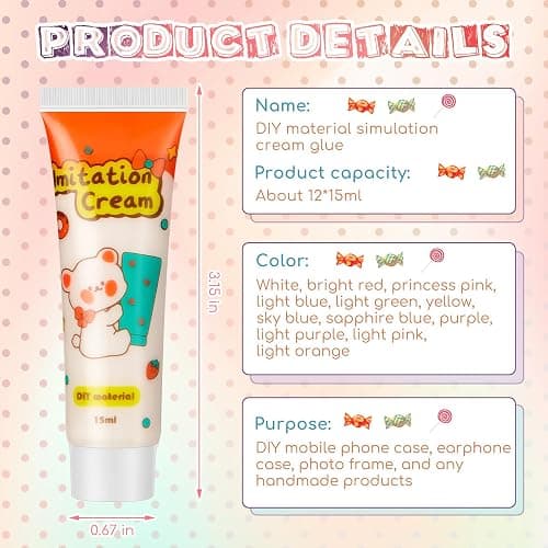 Lineshading 12 Set DIY Phone Case Kit Whipped Cream Glue Kit Include 12 Simulation Cream Glue 15ml with Nozzle 2 Pack Theme Decorations 2 Pack Decorating Accessories for Craft Birthday Gift (Lovely) thumbnail 2