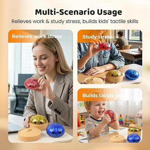 Dumpling Squishies Stress Relief Balls, Handmade Squeeze Fidget Toys with Steamer Case, Soft TPR Big Bun Squishy for Anxiety Relief & Focus (4pcs) thumbnail 6