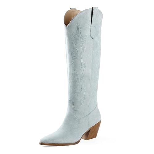 iiimmu Cowgirl Boots Women Knee High Boots Pointed Toe and Block Heel Cowboy Suede and Faux Leather Boots with Embroidered - Image 1