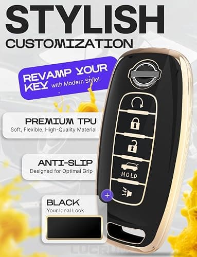 Lucrum Compatible with Nissan Key Fob Cover & Leather Keychain, 5 Buttons Keyfob Case for Pathfinder Rogue Sentra Versa Patrol Armada (2023-2025) - Black and Gold thumbnail 3