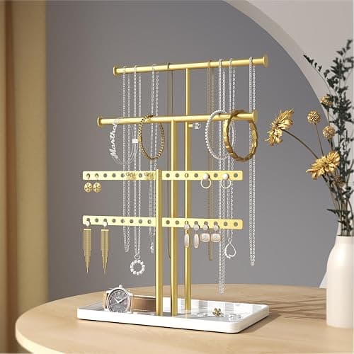 Josmimic Jewelry Holder Organizer Necklace Display: Metal Aesthetic Room Decor Tree Stand for Necklace Bracelet Hanger and Earrings Storage beautiful jewelry tower for mom wife girlfriend (Gold) thumbnail 7