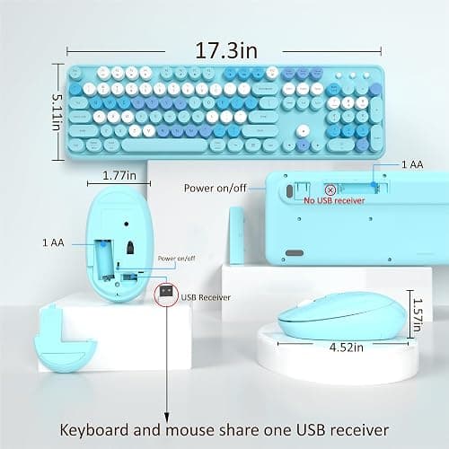 Links9+ Wireless Keyboard and Mouse, Full-Size Retro Typewriter Keyboard with Round Keycaps, 2.4GHz for Windows, Mac, Laptop, PC, Desktop (Blue Colorful) thumbnail 4